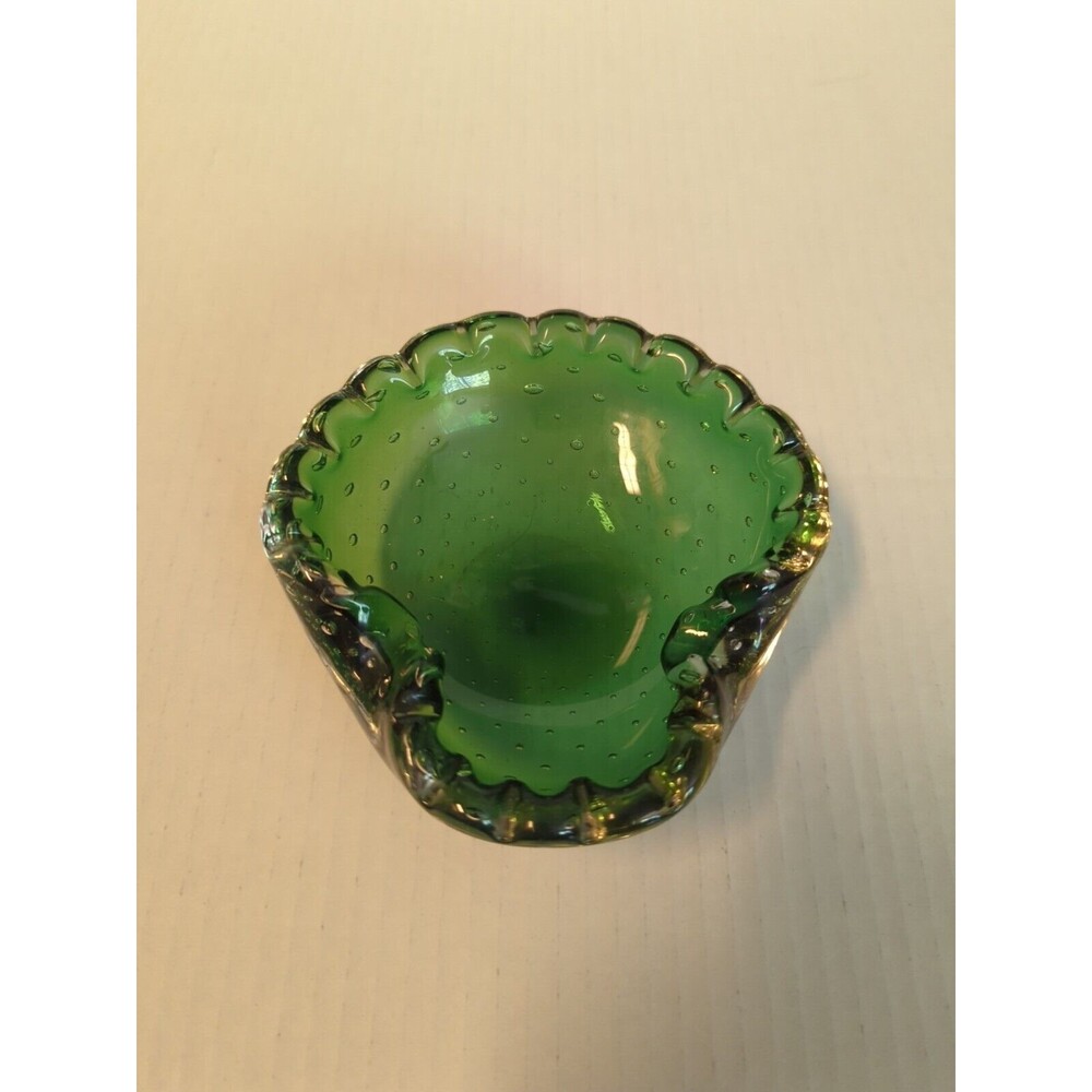 Art Glass Ashtray Bowl Green Bullicante Controlled Bubble Murano Vintage